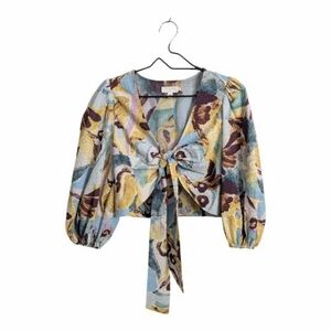 Ted Baker Bithana Top Blouse Tie Front Half Balloon Sleeve Watercolor Abstract 2